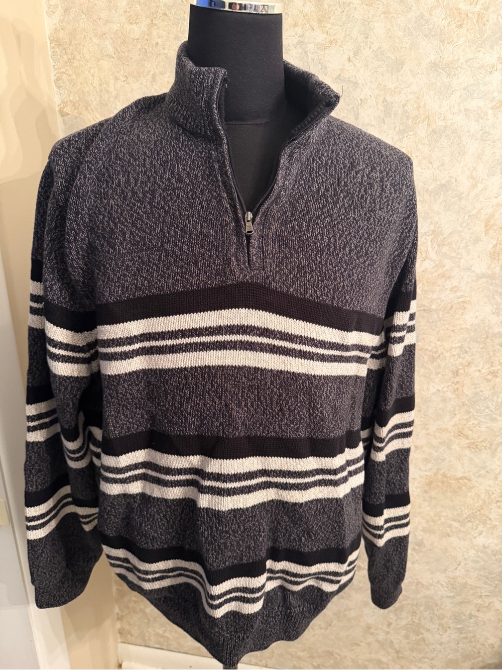 Chaps Men's Charcoal Gray Quarter-Zip Striped Sweater